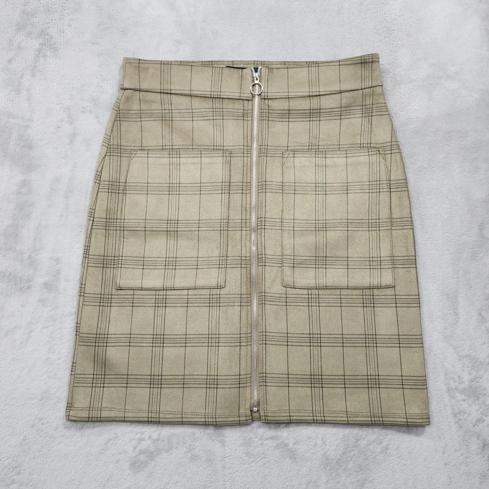 Alice Blue Skirt Womens M Beige Plaid Faux Suede Pencil Zip Front Pockets Preppy
